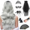 Halloween Perücke Damen Grau, 68cm Grau Lange Gewellte Locken, Graue Perücke Damen mit Gotisch Halskette Armbänder Schleier, Handfächer, Manschetten, Maske für Halloween Karneval, Fasching, Mottoparty