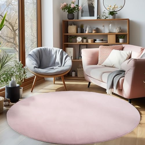 Carpettex Teppich Wohnzimmer Anti-Rutsch Teppich Waschbar in Waschmaschine 160 cm Rund Rosa - Moderner Flauschiger Kurzflor Teppich Extra Weich Schlafzimmer Küche Flur Esszimmer Kinderzimmer