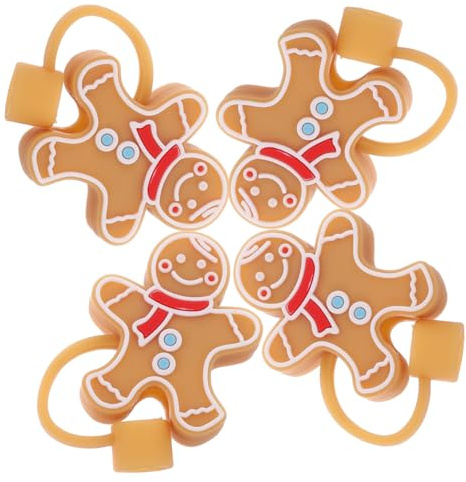 BESTonZON 4pcs Christmas Straw Plug Caps 1.57 Inch Reusable Silicone Straw Tips Cover Cute Gingerbread Fits 0.8cm Easy to Attach and Remove