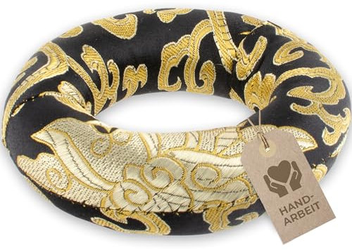 Cojín de cuenco tibetano en forma de anillo para la posición segura de su cuenco tibetano (hasta Ø 20 cm) y más sonido, artesanía tradicional, negro-dorado