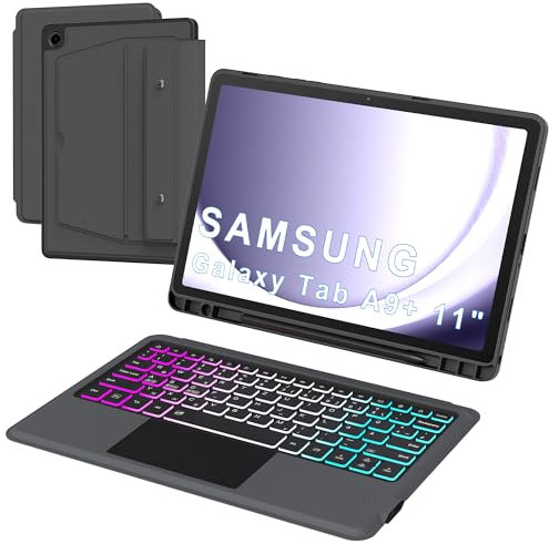 für Samsung Galaxy Tab A9 Plus Hülle Mit QWERTZ Tastatur - DIY 3-Zonen-7-Farbige Beleuchtung Abnehmbar Tastatur mit Trackpad & Kickstand für Samsung Galaxy Tab А9+ 2023 11 Zoll, Auto Schlaf/Aufwachen