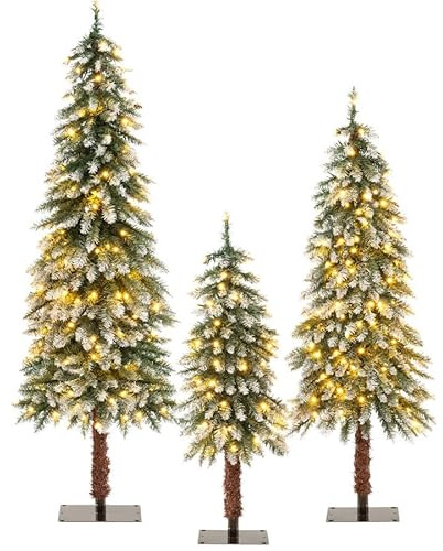 COSTWAY Artificial Christmas Tree Set of 3, Snowy Xmas Tree with PVC Branch Tips and Warm White LED Lights, Pre-Lit Slim Pencil Xmas Decoration Tree (3FT+4FT+5FT)