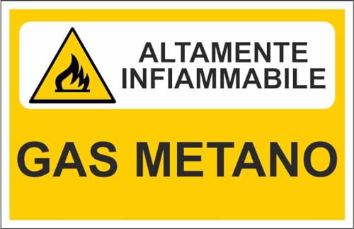 M-ITALY CARTELLO SEGNALETICO - GAS METANO ALTAMENTE INFIAMMABILE - Adesivo Extra Resistente, Pannello in Forex, Pannello In Alluminio (15x10, Adesivo)