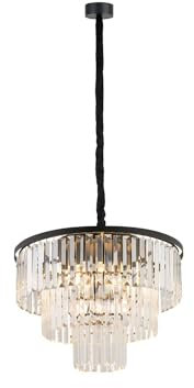 Licht-Erlebnisse Pendelleuchte Glas Ø 56 cm H: max. 140 cm verstellbar 9x E14 Schwarz Transparent Kristall Metall Jugendstil Hängelampe Esstisch Wohnzimmer