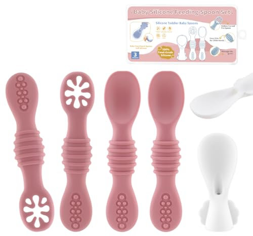 MUQZI 6 Pack Baby Spoon Set, Silicone Baby Led Weaning Spoons Training Spoon, Textured Spoons with Baby Food Pouches Spoon, Silicone Baby Spoons Self Feeding 4 6 Months (Pink+White)