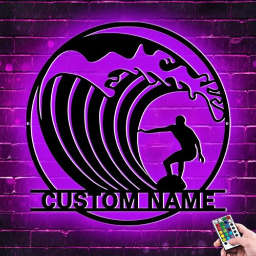ALICESER Personalisiertes Surfbrett-Neonschild für Heimdekoration, individuelles Metall-Surferreit-Wellennamen, beleuchtete Schilder für Wand-Neonlichter, Kinder, Jungen, Männerhöhle, Strand,