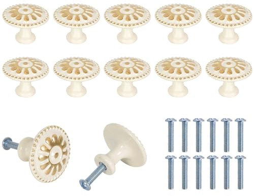 KYSUN 12 Sets Vintage Round White Cabinet Knobs, Furniture Knob, Universal Ivory White Large Metal Flower Handle, Retro Door Pull Handles, 30mm Vintage Shabby Chic Round Drawer Knobs with Screws
