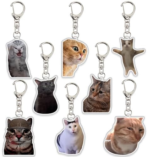 Ohjijinn 8 x Katzen-Schlüsselanhänger, niedliche Katze, Meme-Schlüsselanhänger, zwei sprechende Katzen, Kawaii-Anhänger, lustiges Geschenk für Freunde, Mehrfarbig/Meereswellen (Ocean Tides),