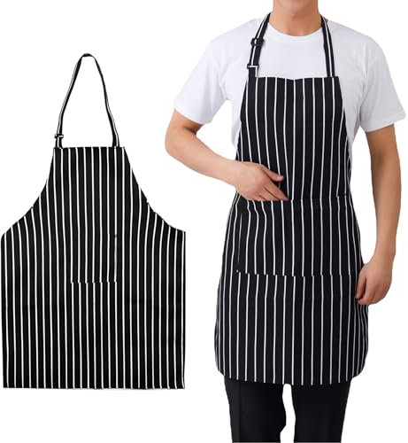 DALAETUS 2 Stück Kochschürze Damen&Herren, Küchenschürze mit Tasche, Unisex Schwarz-Weiße Gestreifte Grillschürze, Verstellbare Schürze für Haus Küche Restaurant Café Gartenarbeit Backen