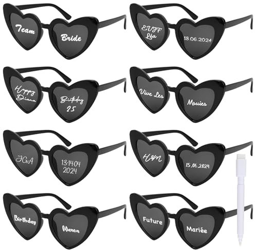 BOOMTOP 8 Stück Herz Sonnenbrille Personalisiert Herz Brillen Hochzeit JGA Brille Damen Hippie Brillen Lustige Partybrille Weiß/Rosa/Schwarz mit Stift Junggesellenschied Deko für Karneval Mottoparty