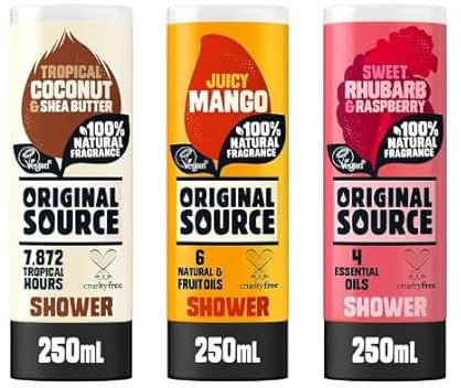 MM Original Source Shower Gel Variety Pack 250ml (3 Pack) - Coconut, Mango & Rhubarb - Vegan, Natural Fragrances, Refreshing & Hydrating Shower Gel