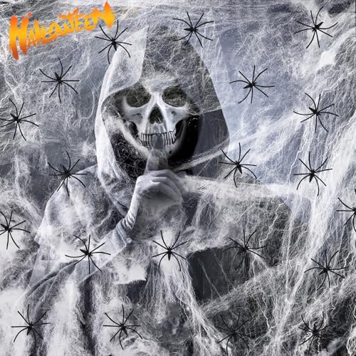 VASIN Halloween Spinnennetz Dekorationen, 300g Elastischer Spinnennetz 80 Realistisch Spinnen Halloween Deko, 1600 m² Spinnennetz deko Set Großes spinnenweben für Halloween Party Draußen und Drinnen