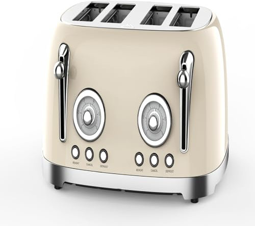 FfiMe Retro Toaster 4 Slice, 6 Browning Settings, Cancel, Defrost, Reheat Functions, Power Cord Storage, Stainless Steel Body, Removable Crumb Tray