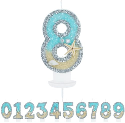 WenmthG Geburtstagskerze Zahlen 8 für Jungen Mädchen - 3D Blau Gelb Ozean Strand Geburtstag Kerze - Nummer 8 Geburtstag Torte Dekoration - Glitzernde Kerze 8 - Personalisierte Geburtstagskerzen