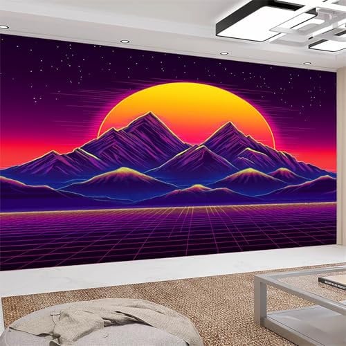 Retro Style Neon Mountains Sunset Wallpaper Mural for Bedroom Corridor, 350x256cm (W x H) Wall Poster Retro Neon Wallpaper 3D Effect, Panoramic Custom Wallpaper Mural