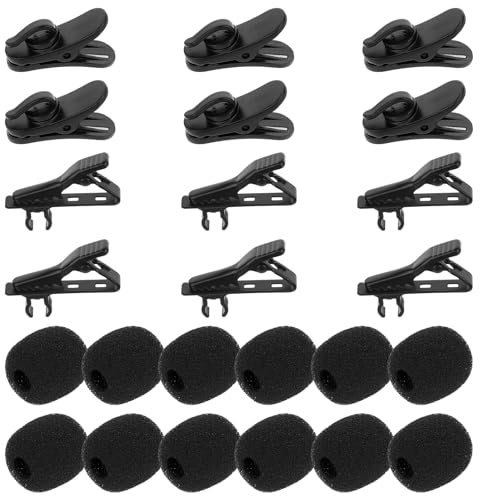 24 Pieces Lapel Microphone Clips Replacement Kit, Mic Clip, 6 Pieces Lavalier Microphone Metal Tie Clips, 6 Pieces Plastic Lavalier Wire Clips and 12 Pieces Windscreen Foam Cover