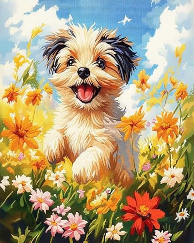ANSIWEIGO Paint by Numbers Kit,Yorkie Dog Playing Among Flowers,Oil Painting Hand Art,Art Painting Kits Includes Brushes and Paints(40x50 cm，with Frame)