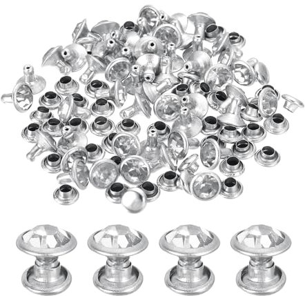 sourcing map 60 Sets Rhinestone Rivets, 7mm Leather Rivets Crystal Rivets Stud Rapid Double Cap Rivets for DIY Leather Craft Fabric Clothes Belt Bags, Silver Clear