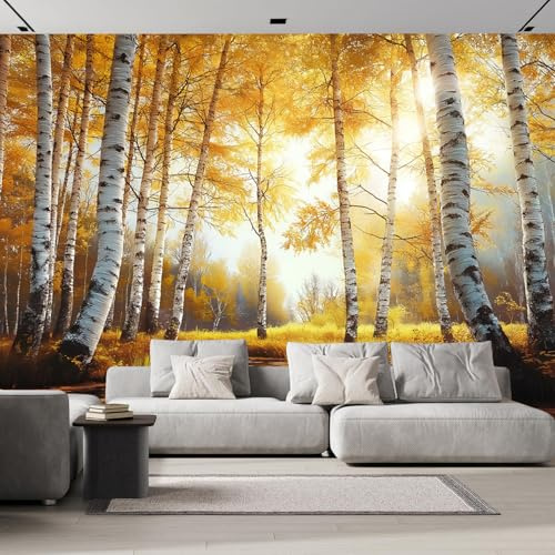Papier Peint Photo Wallpaper Mural,3D Panoramique Murale Forêt Bouleaux D'Automne Feuilles Jaunes Tombées, Papier Peint soie 350×256cm, pour Salon, Chambre Enfant Décoration Murale