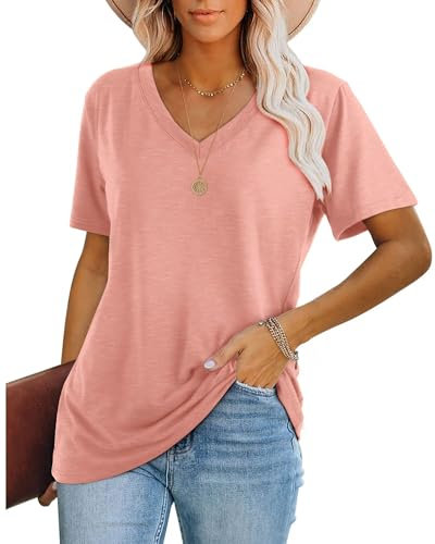 WIHOLL Women Tops Summer T Shirts for Women UK Short Sleeve V Neck Activewear Outfits Clothing Clothes 2025 Pink Size 14-16