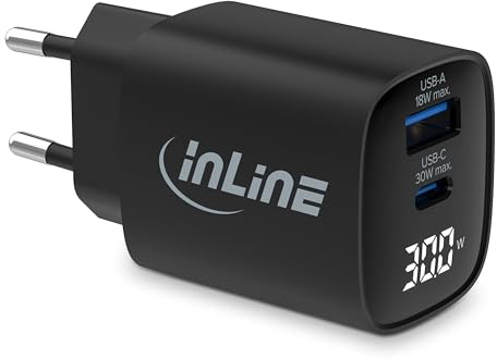 Inline USB-Ladegerät, 2-Port, digitales Display mit aktuellem Energieverbrauch, 1x USB-C + 1x USB-A, GaN, 30W, Schnellladegerät, PD3.0, QC3.0, Netzteil für iPhone/Pro/mini, Samsung und mehr, 31550