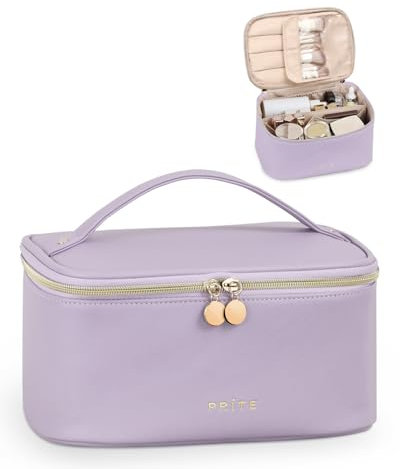 Prite Groß Kosmetiktasche für Damen Reise Kulturtasche aus Wasserdichtem Leder Tragbare Kulturbeutel oder Make Up Tasche mit Griff und Abnehmbarem Trenner (Lila)