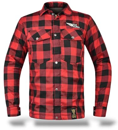 TLA GRID chemise de moto avec protections, veste en flanelle à carreaux avec renforts en aramide, unisexe pour Homme et Femme, veste vintage pour scooter, avec fermeture éclair et boutons, Rouge, 5XL