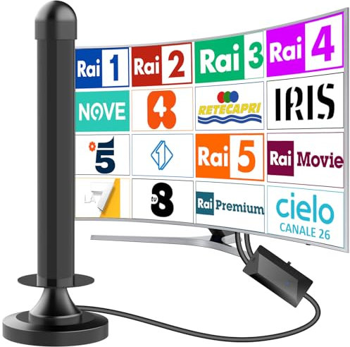 Antenna TV da interno, Antenna tv interna amplificata potente,Amplificador de señal de HDTV digital de recepción omnidireccional de 360 grados, soporta canales 4K hd,Base magnética fácil de instalar