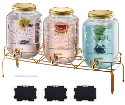 VEVOR Distributeur de Boissons Capacité de 8 L 3PCs, Fontaine à Eau en Verre, Distribution d’Eau Jus Limonade Thé Glacé, avec Support en Métal, Robinet et Infuseur, pour Restaurant Café Hôtel Fête