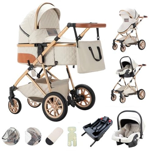 Zkiprm 4 in 1 Kinderwagen mit Isofix Base, 0-4 Jahre, bis 22 kg, Buggy Zusammenklappbar, Höhenverstellbar, Kombination aus Kinderwagen mit Mückennetz & Regenschutz, Rahmen aus Aluminium