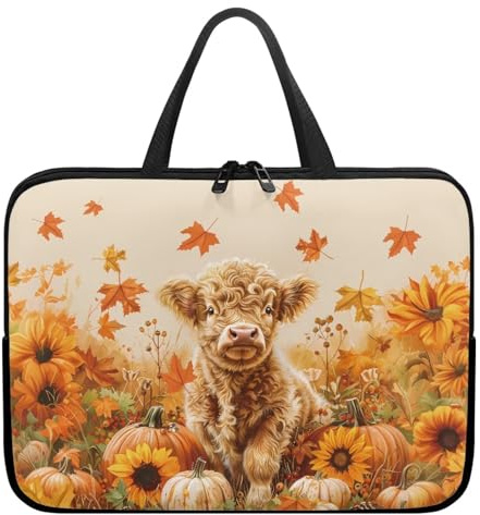 ZIATUBLES Laptop Sleeve Case Sunflower Pumpkin leaf Highland Cow Print Computer Cover Compatible with 10-17 Inch Tablet Protector Carrying Bag Briefcase, 15inch