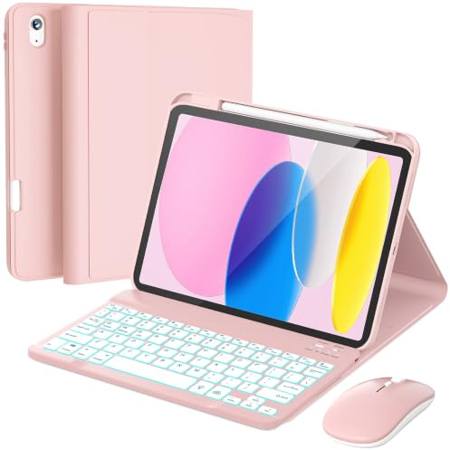 RAYMCRAFT - Funda para iPad de 11ª generación (A16, 2025) / 10ª generación con teclado, mouse y teclado inalámbrico desmontable, retroiluminación de 7 colores, funda delgada con soporte para lápiz