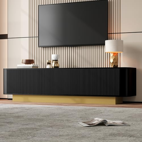 RAPRAP Meuble TV moderne bas avec rangement – design arrondi, gestion des câbles, façade texturée – console multimédia pour salon,Noir