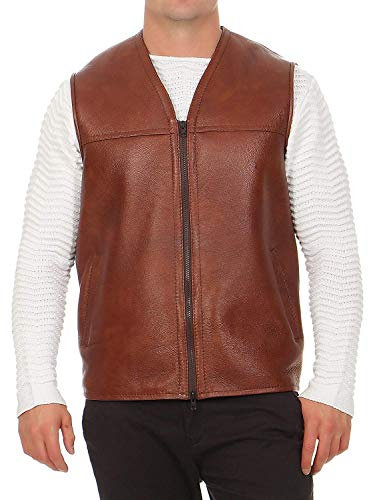 Hollert German Leather Fashion Lammfellweste - FIRMINIUS ohne Kragen Herren Weste Lederweste Fellweste Größe XL, Farbe Cognac