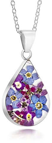 Sterling Silver Medium Tear Drop Pendant Made with Real Flowers Purple Mix …