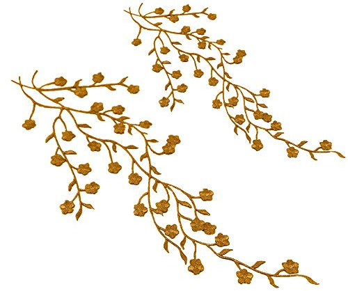 Honbay 2pcs Big and Small Plum Blossom Flower Leaf Vines Iron on Embroidery Applique Patch (Gold)