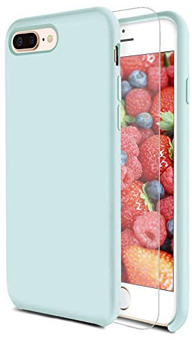 Feyten Funda iPhone 8 Plus/iPhone 7 Plus[Cristal Vidrio Templado], Slim Líquido de Silicona Gel Carcasa Anti-Rasguño Protectora Caso para Apple iPhone 8 Plus/iPhone 7 Plus 5.5(Piedra Preciosa Verde)