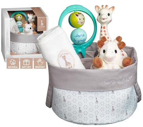 Sophie la Girafe - Corbeille de Naissance - Jouet d'Eveil - Les essentiels de bébé - 1 Doudou, 1 lange, 1 jouet à mâcher et 1 hochet dans un superbe panier