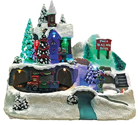 hellum LED Weihnachtsdorf mit fahrendem Zug, Bergdorfszene im Fiberoptikstil, Weihnachtsdeko innen batteriebetrieben mit bunte Beleuchtung 3xAA 22x14x19cm 524390