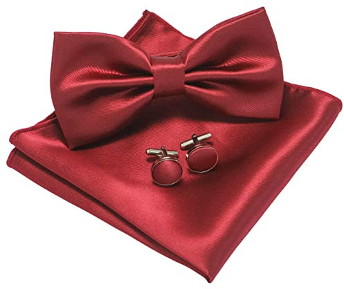 JEMYGINS Fliege Herren Weinrot 3 Satin Zweifach Gefaltet und Einstecktuch mit Manschettenknöpfe Sets(2)