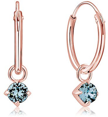 DTPsilver® KLEINE Creolen Ohrringe 925 Sterling Silber Rosen-Gold überzogen mit 3 mm Baumelnde Swarovski® Elements Kristall - Mädchen - Dicke 1.5 mm - Durchmesser 14 mm - Farbe : Aquamarin