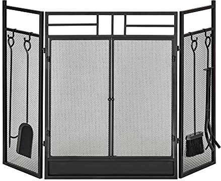 HOMCOM Pare-feu Large pour cheminée ou poêle - Pare-étincelles serviteur de cheminée 2 en 1 avec Accessoires - 3 Volets Pliables et Porte - Acier métal Noir