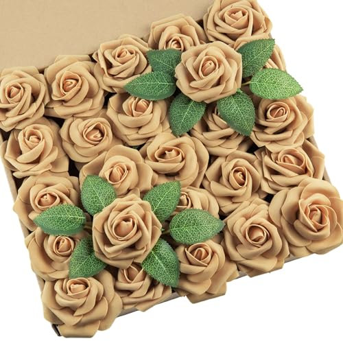 DuHouse 25 Rose Artificiali con gambi di Fiori in Schiuma Vero Tocco per Bouquet di Nozze Fai da Te, centrotavola per Baby Shower, Composizione Floreale, Decorazione per la casa (Oro Chiaro)