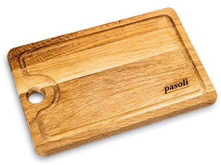 pasoli Holzschneidebrett (30x20x2cm) - Europäisches Eichenholz, Küchenschneidebrett mit Griff & Abtropfrille - Loch zum Aufhängen & einfacher Lagerung - Zubehör zum Kochen, Backen & Schneiden