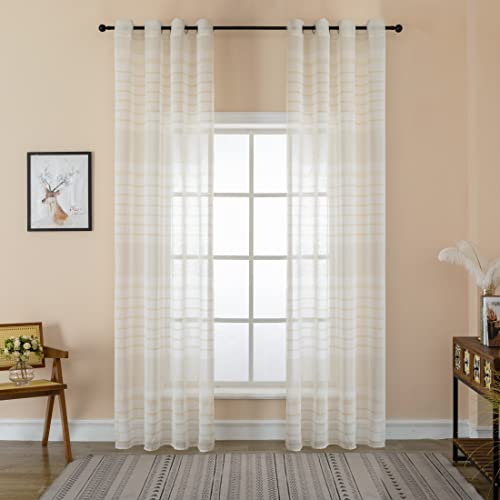 GIRASOLE HOME® Coppia Tende Filtranti Semi Trasparenti Effetto Lino Tenda a Righe Orizzontali per Interni con Occhielli 2 Pannelli (Crema, 140x275cm)
