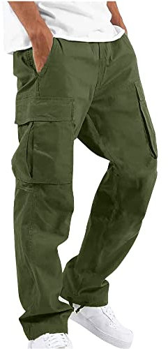 YAOHUOLE Men's Cotton Cargo Pants Casual Stretchy Drawstring Waist Trousers Army Green 2XL