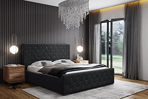 Polsterbett Doppelbett Stauraum Samtstoff 120x200 140x200 160x200 180x200 cm Bettgestell Mit Bettkasten Lattenrost und Kopfteil - Bett mit Kristallen - Hydrophobe Stoff - Schwarz - 140 x 200 cm