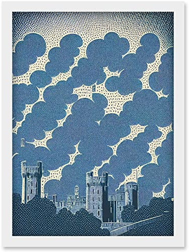 Wee Blue Coo Windsor Castle with Cloudy Sky Lithograph Illustration in Blue Artwork Framed Wall Art Print A4