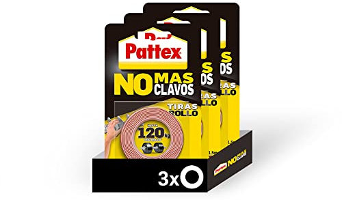 Pattex NO MÁS CLAVOS - Pack de 3 Cintas de doble cara sin residuos de 1,5 metros cada una. Cinta Multisuperficie para Pegar sin hacer Agujeros. Color Blanco