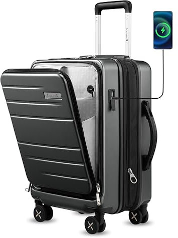 LUGGEX Handgepäck Koffer mit Laptopfach – Erweiterbarer Hartschalenkoffer aus Polycarbonat mit TSA-Schloss (Schwarz, 56×36×24 cm)